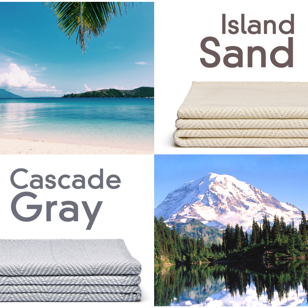 Collage of natural and gray blankets with the sea and mountains.