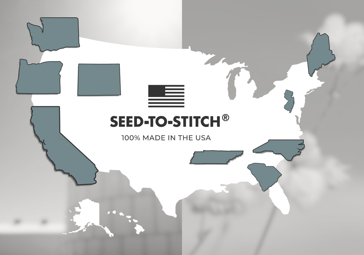 Map of the United States overlaid on an image of a building and an image of cotton. All states are white, except for Washington, Oregon, Colorado, California, Tennessee, North Carolina, South Carolina, New Jersey, and Maine, which are all blue. The map also reads "Seed-to-Stitch® 100% Made in the USA".
