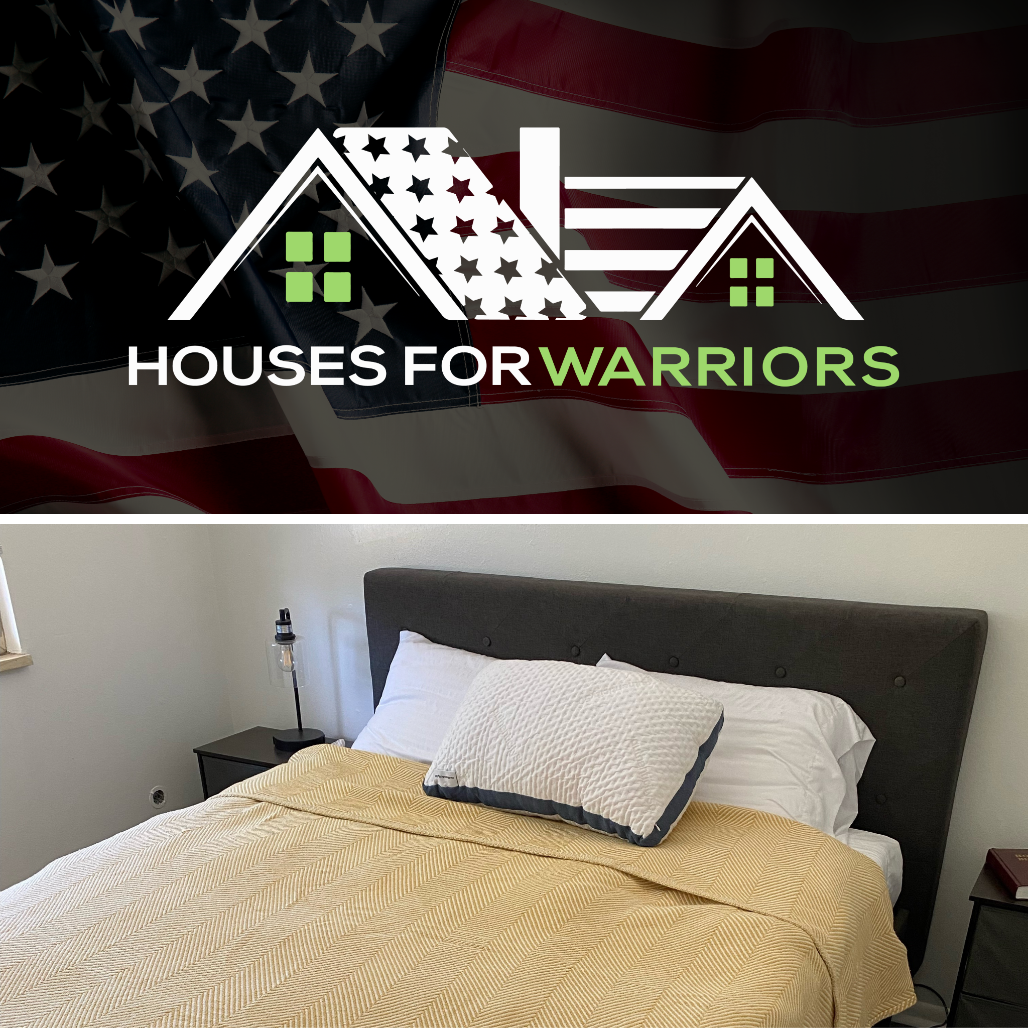 The Houses for Warriors logo, above a Houses for Warriors bed with an A50 blanket and pillow