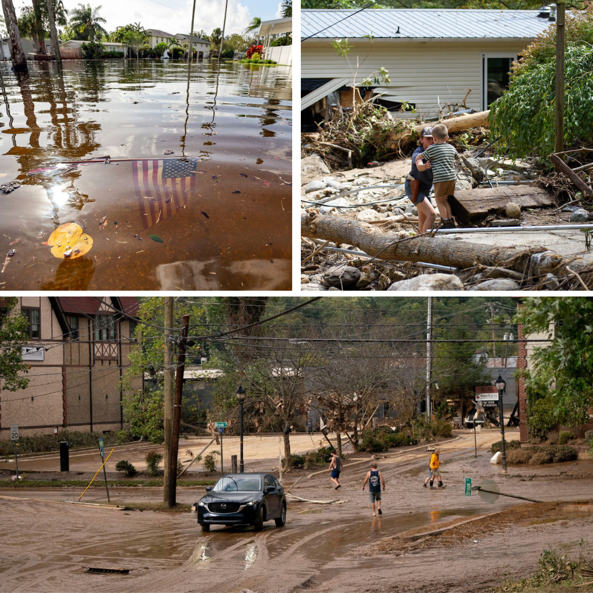 Collage of Hurricane Helene aftermath across the Southeastern United States.