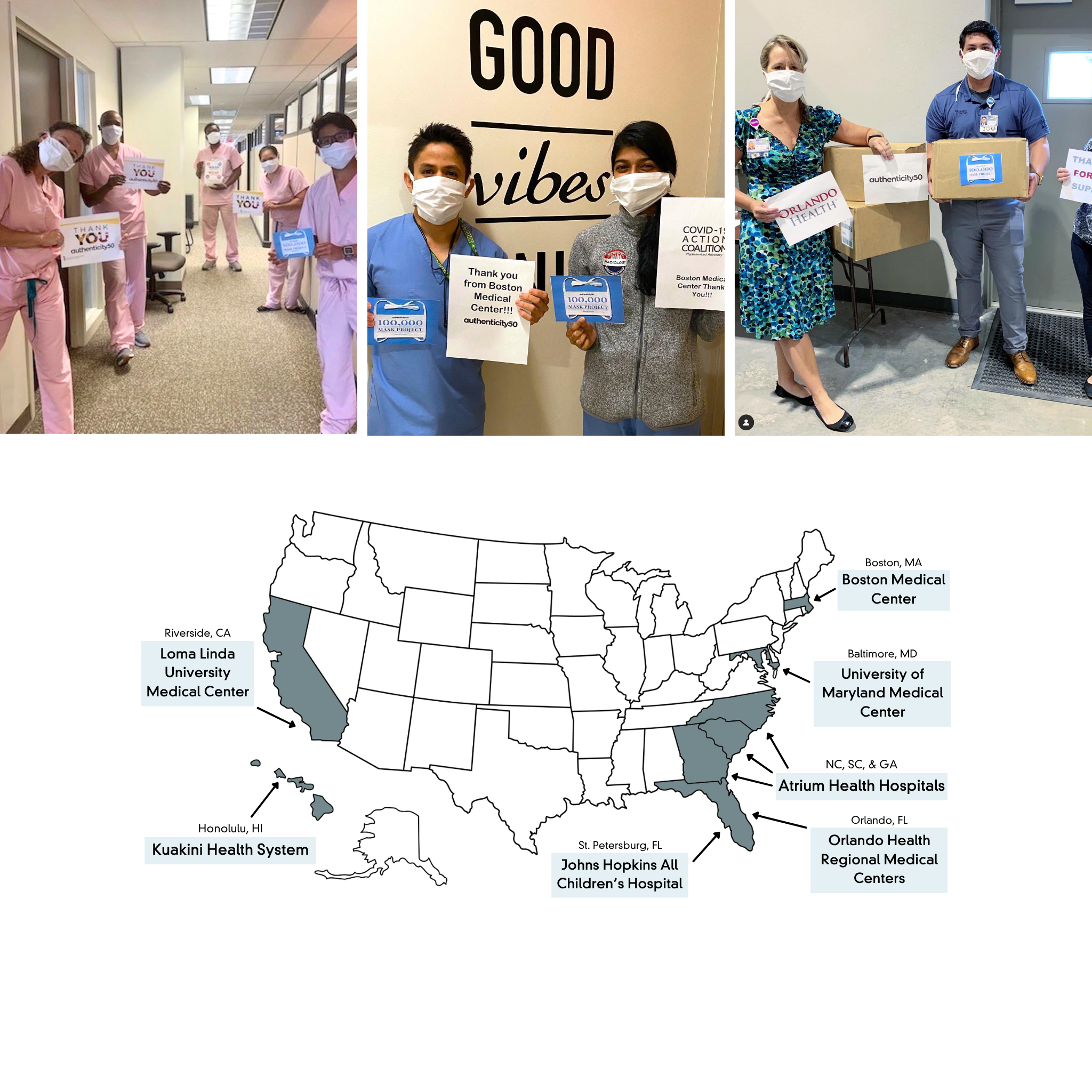 College of healthcare workers holding PPE as part of the 100,000 Mask Project, above a USA map with the following locations highlighted and labeled: Riverside, CA (Loma Linda University Medical Center), Honolulu, HI (Kuakini Health System), St. Petersburg, FL (Johns Hopkins All Children't Hospital), Orlando, FL (Orlando Health Regional Medical Centers), NC, SC, & GA (Atrium Health Hospitals), Boston, MD (University of Maryland Medical Center), Boston, MA (Boston Medical Center).