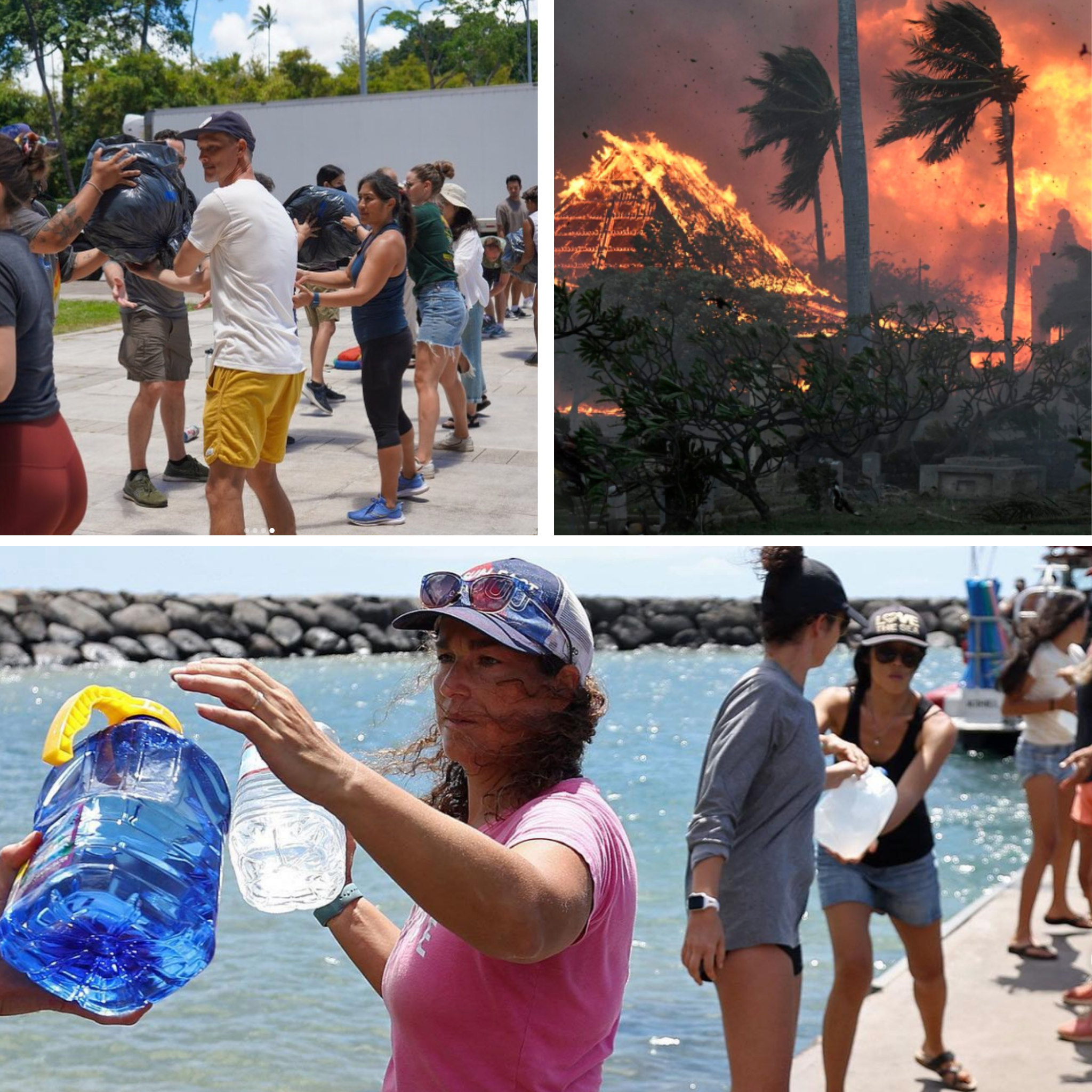 Collage of the 2023 Maui wildfires and relief crew.