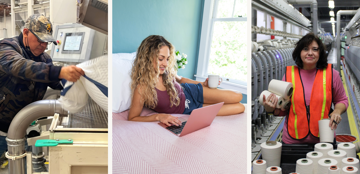 Collage of A50 sheets, pillows, and blankets being manufactured and enjoyed.