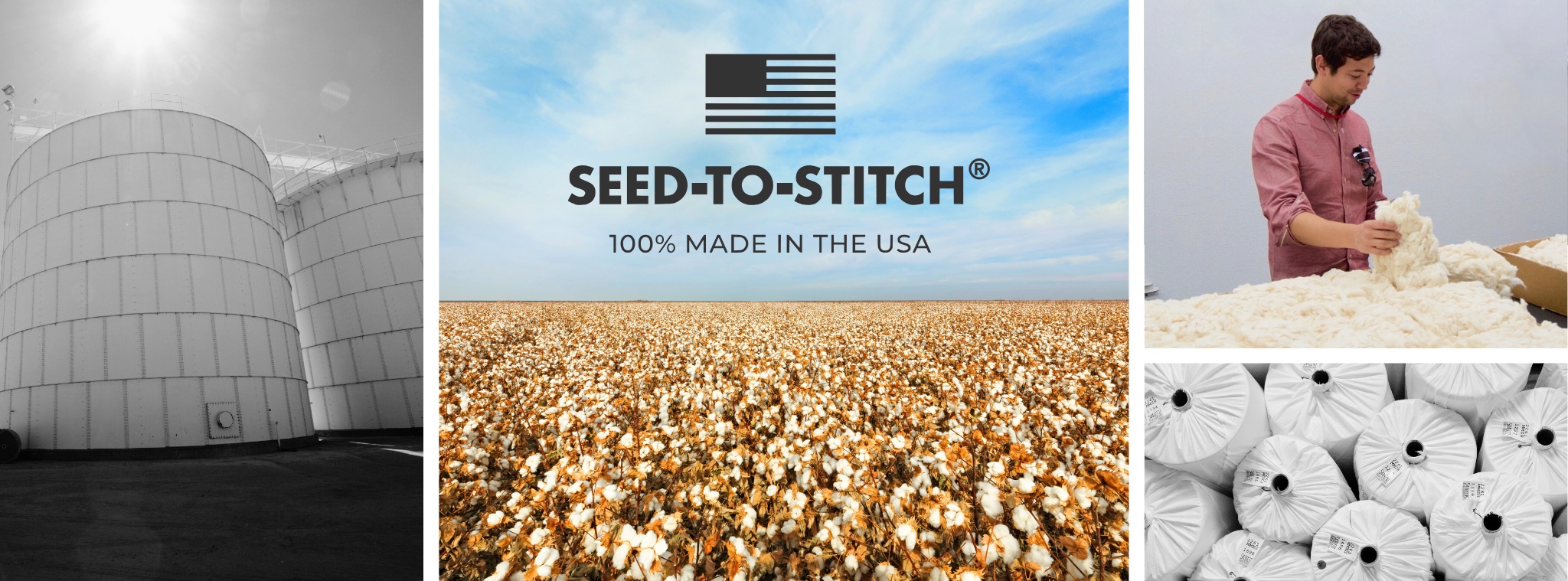 Collage of Authenticity50's manufacturing partners across the country. Seed-to-Stitch® 100% Made in the USA.