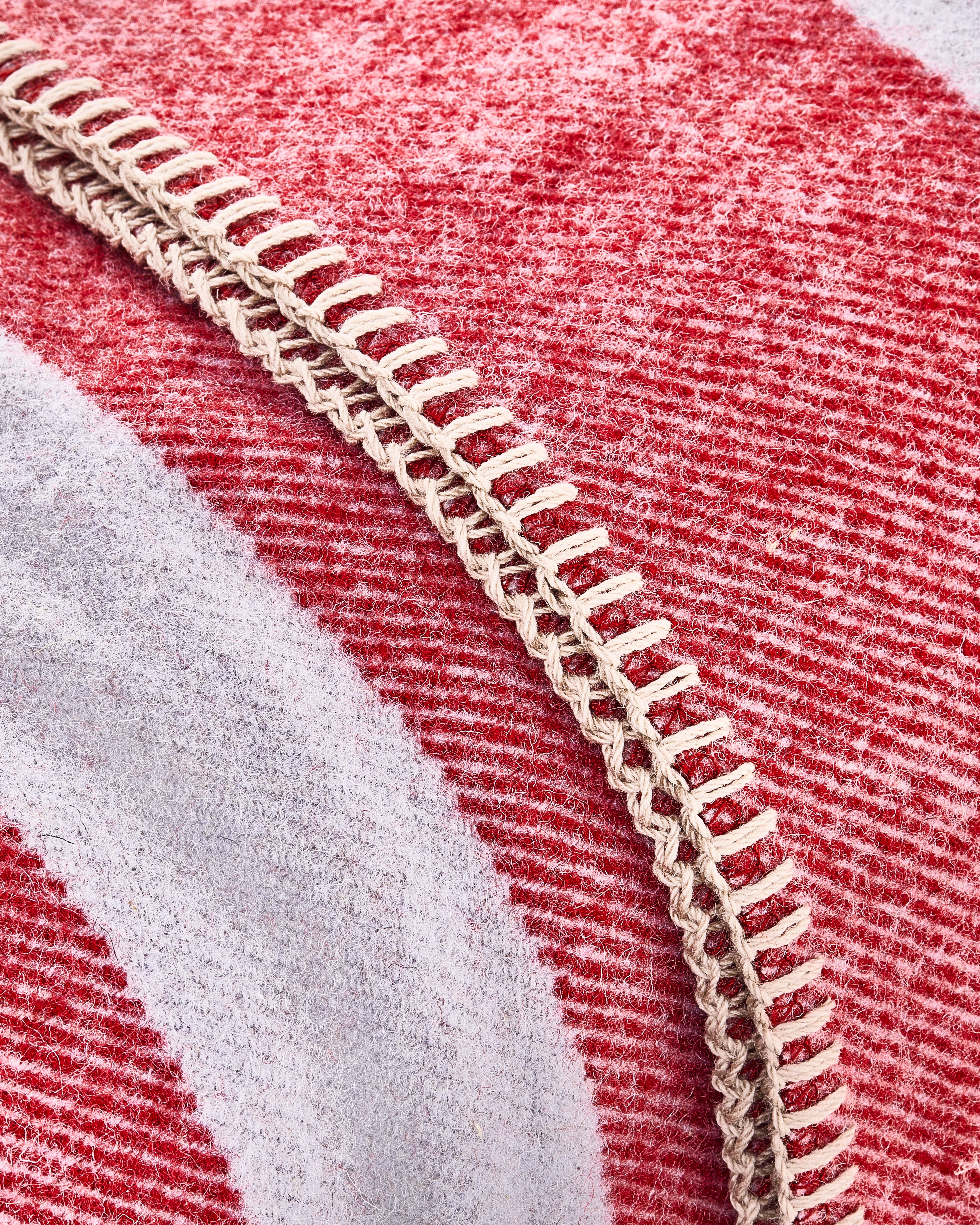 Close-in shot of the Northwest Wool Throw, showing of the stitching, trim, colors, and detail.