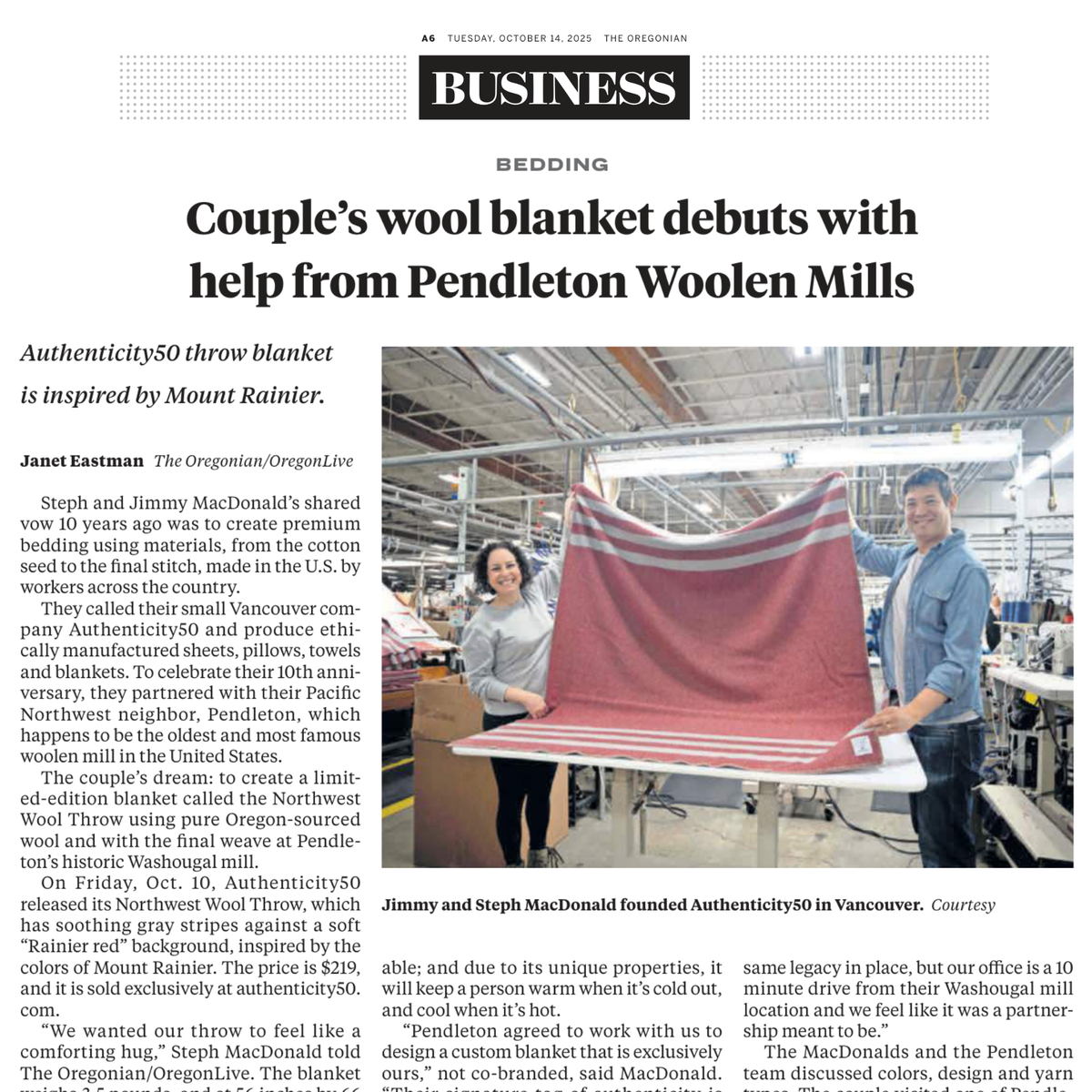 Snapshot of the Oregonian printed article about Authenticity50's Northwest Wool Throw.