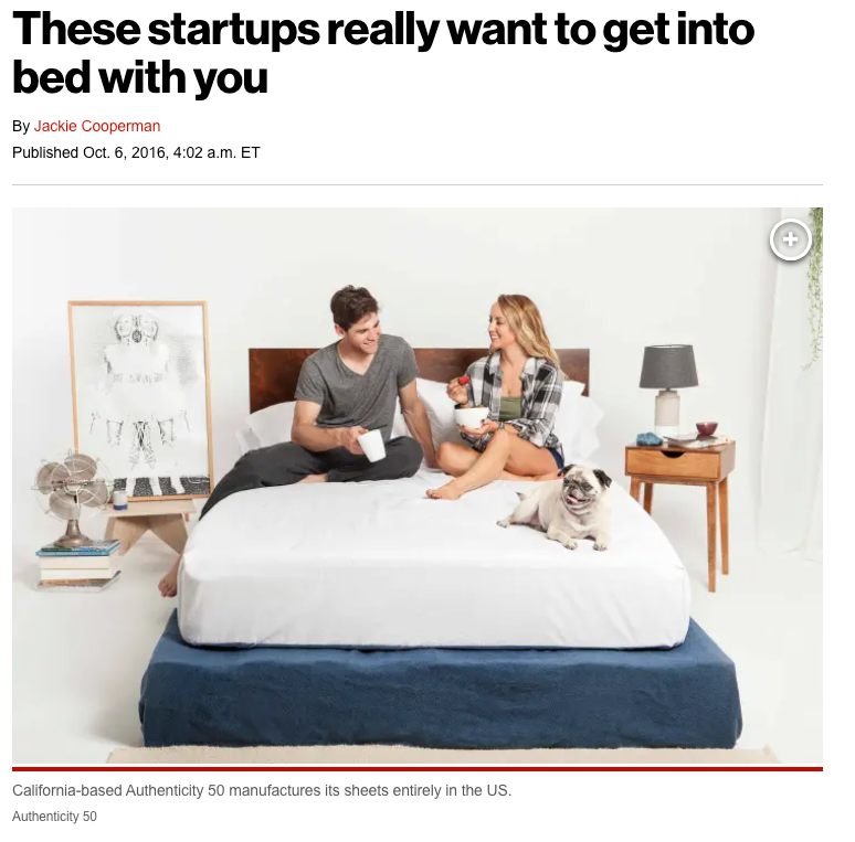 Article headline with a man and woman on a bed with a dog, published by Jackie Cooperman.