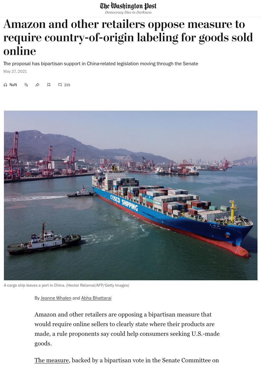 Container ship in a harbor with mountains in the background, displayed on a news article about Amazon's stance on country-of-origin labeling.