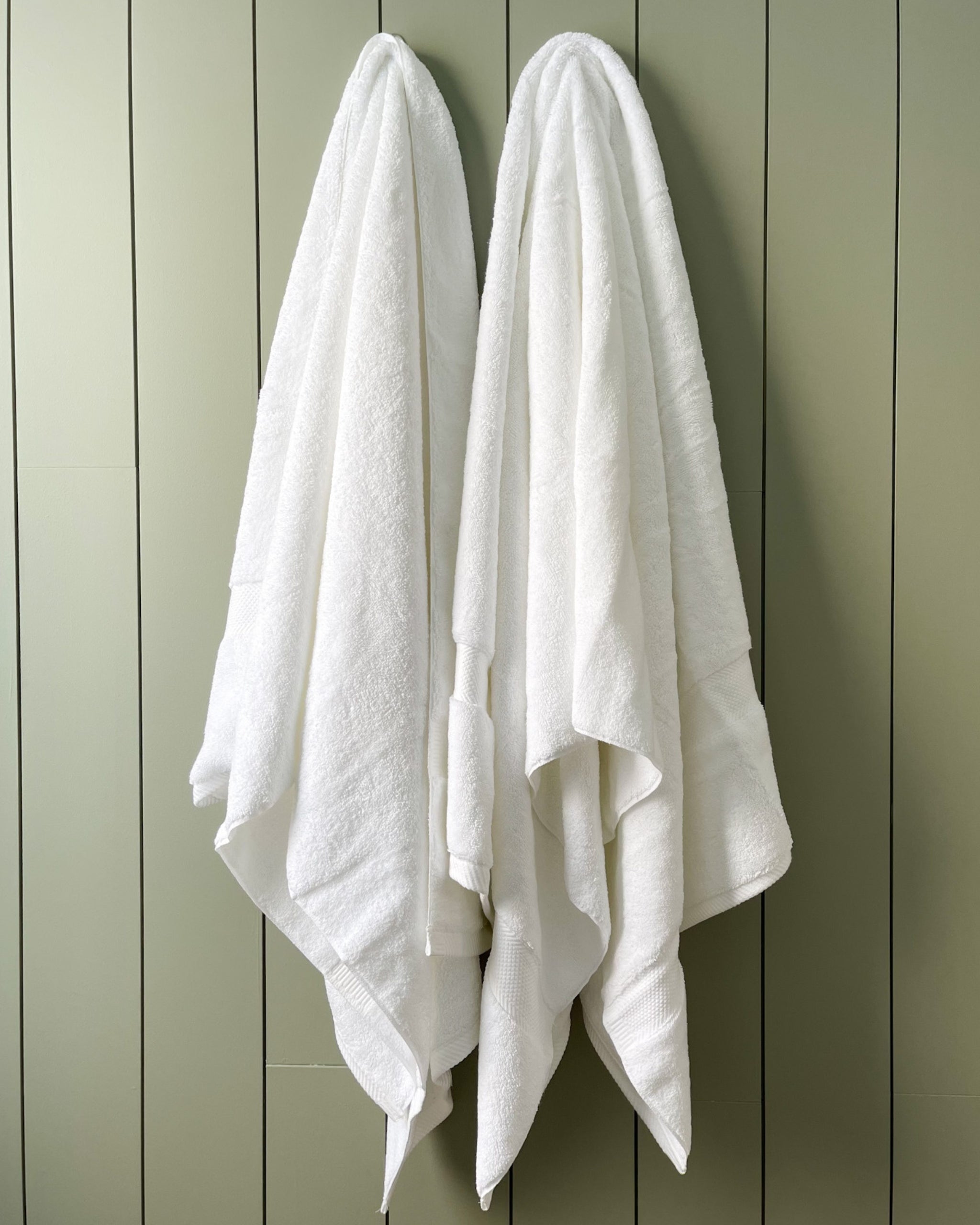 Two white fluffy towels hanging from towel racks.