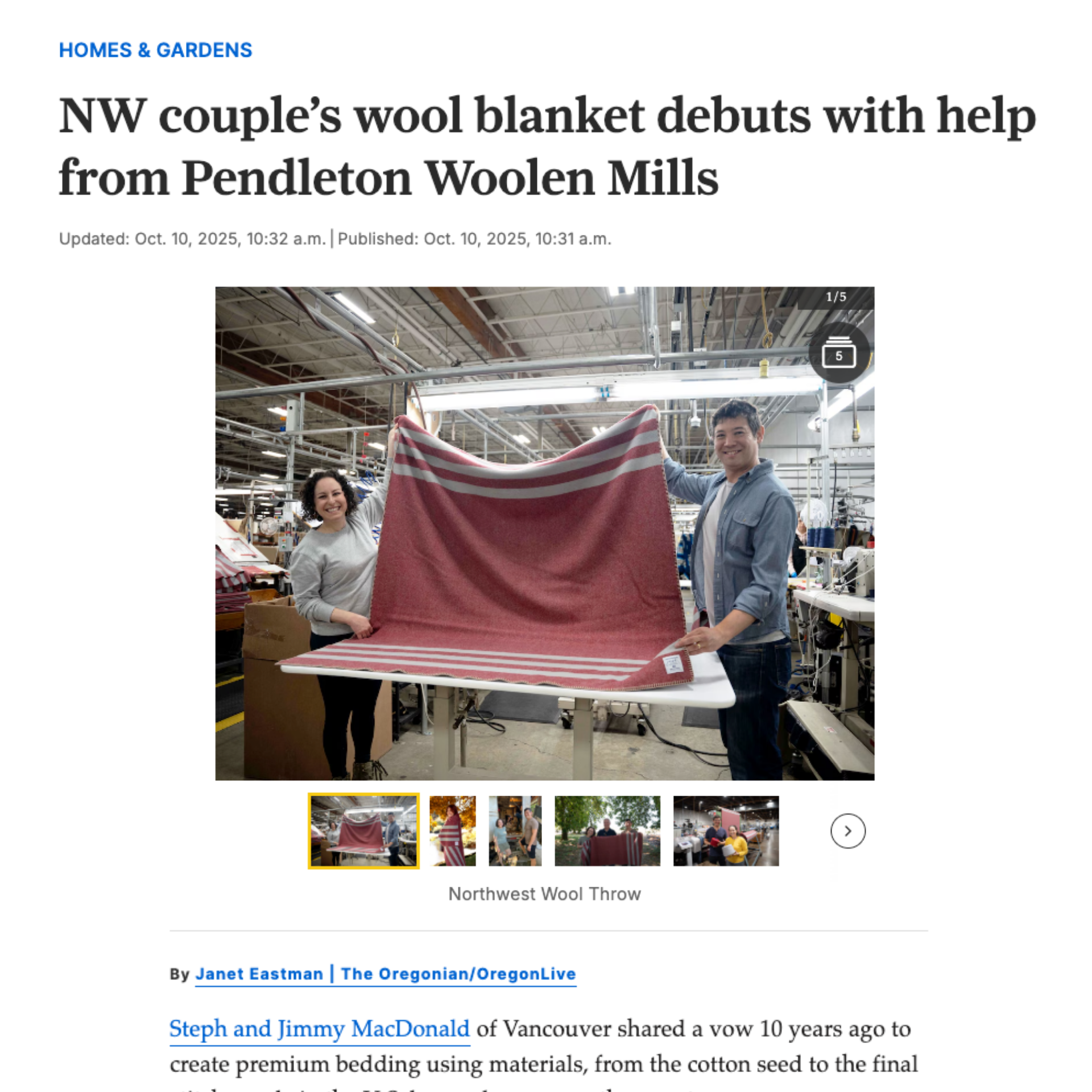 Newspaper article about a couple's wool blanket with Pendleton Woollen Mills involvement