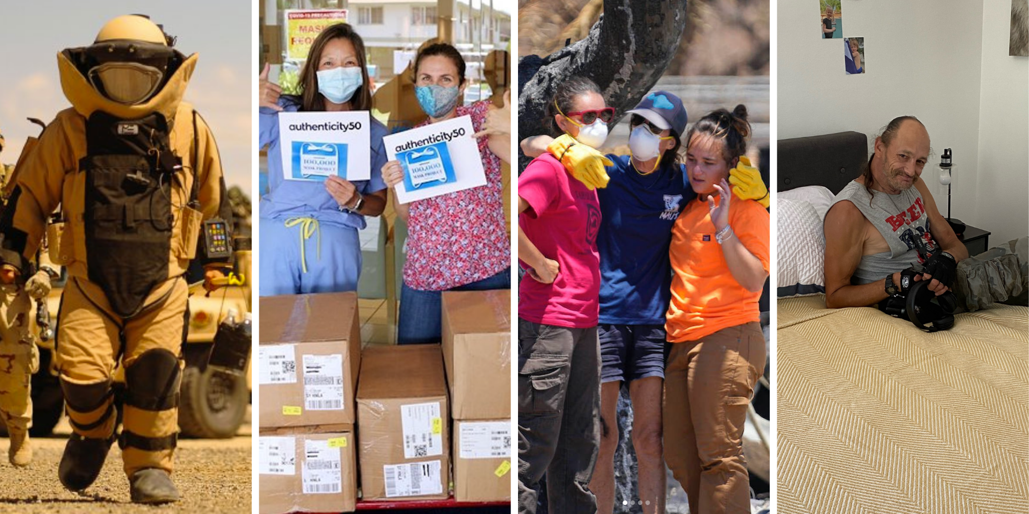 Collage of Authenticity50 give back campaigns, including fundraisers for the EOD Warrior Foundation, COVID-19, PPE masks, Maui Wildfires, and Houses for Warriors.