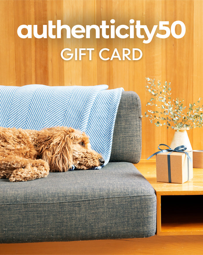 Dog laying on a couch next to a Coastal Blue Heritage Blanket throw. On the table next to the couch sits a present. The overlaying text reads: Authenticity50 Gift Card