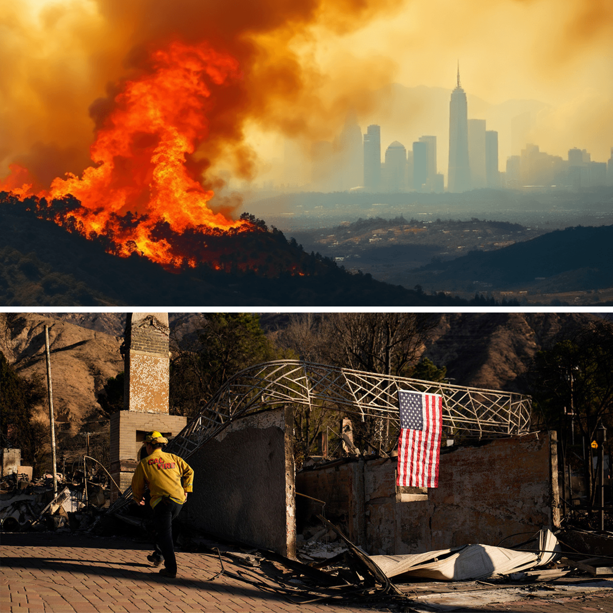 Collage of 2025 LA wildfire destruction.