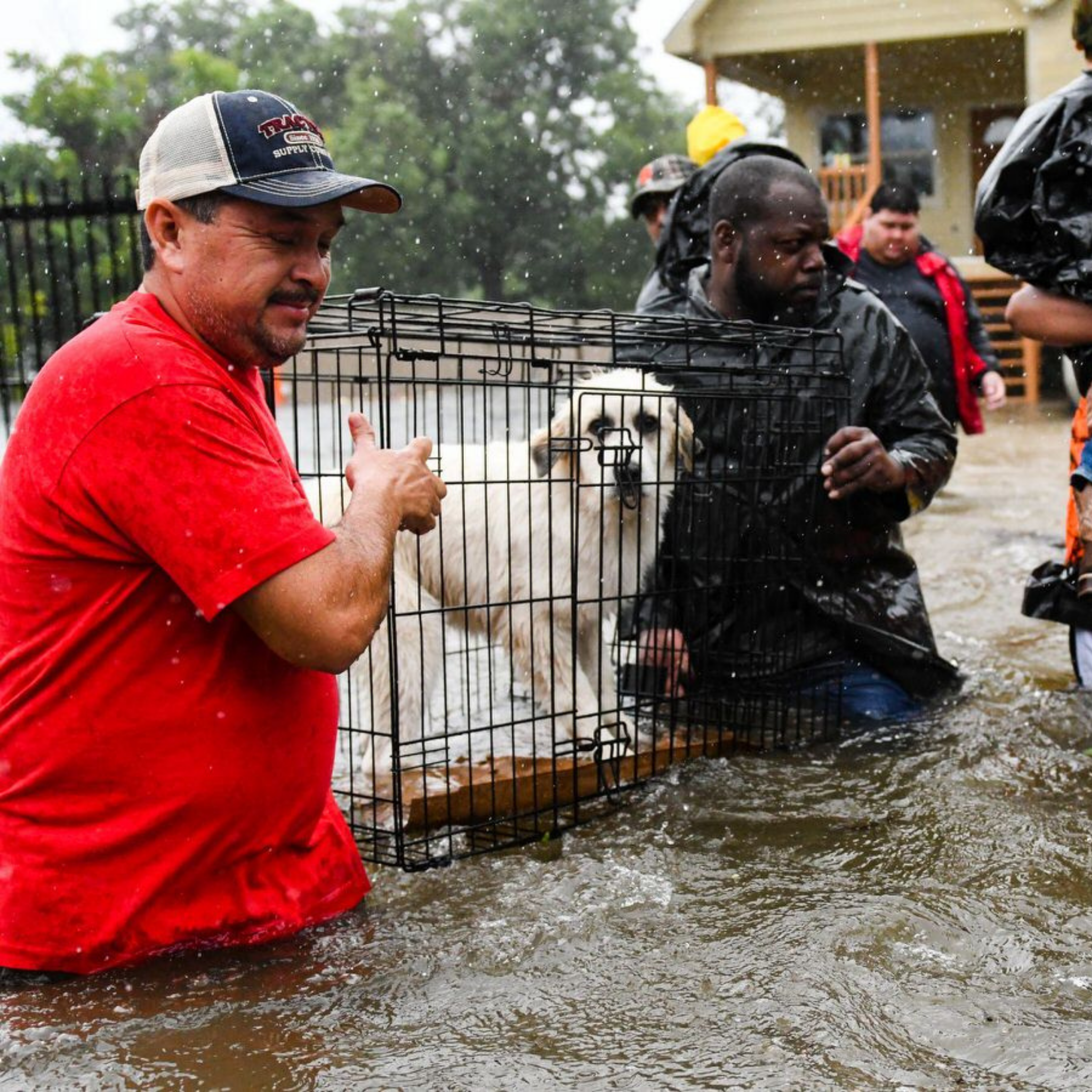 Group of people providing aid during Hurricane Harvey flooding.
