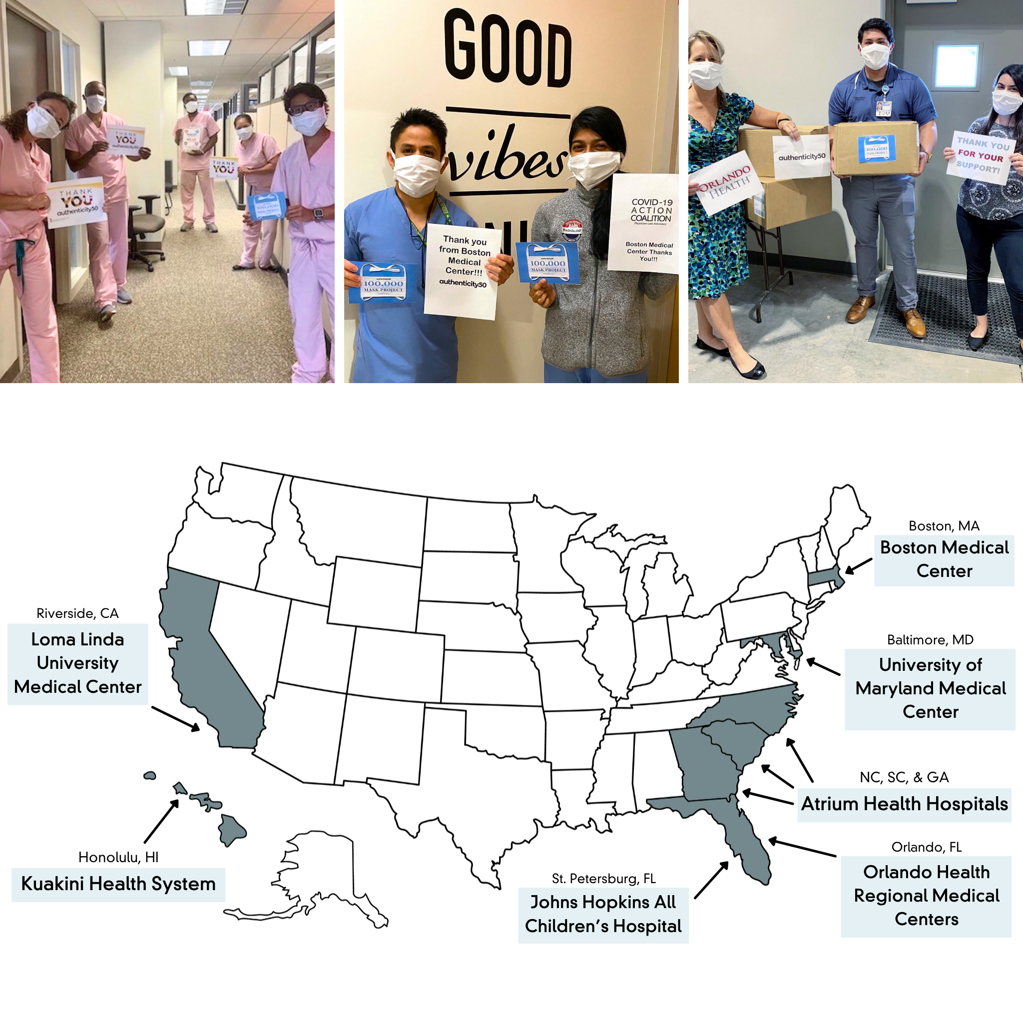 College of healthcare workers holding PPE as part of the 100,000 Mask Project, above a USA map with the following locations highlighted and labeled: Riverside, CA (Loma Linda University Medical Center), Honolulu, HI (Kuakini Health System), St. Petersburg, FL (Johns Hopkins All Children't Hospital), Orlando, FL (Orlando Health Regional Medical Centers), NC, SC, & GA (Atrium Health Hospitals), Boston, MD (University of Maryland Medical Center), Boston, MA (Boston Medical Center).