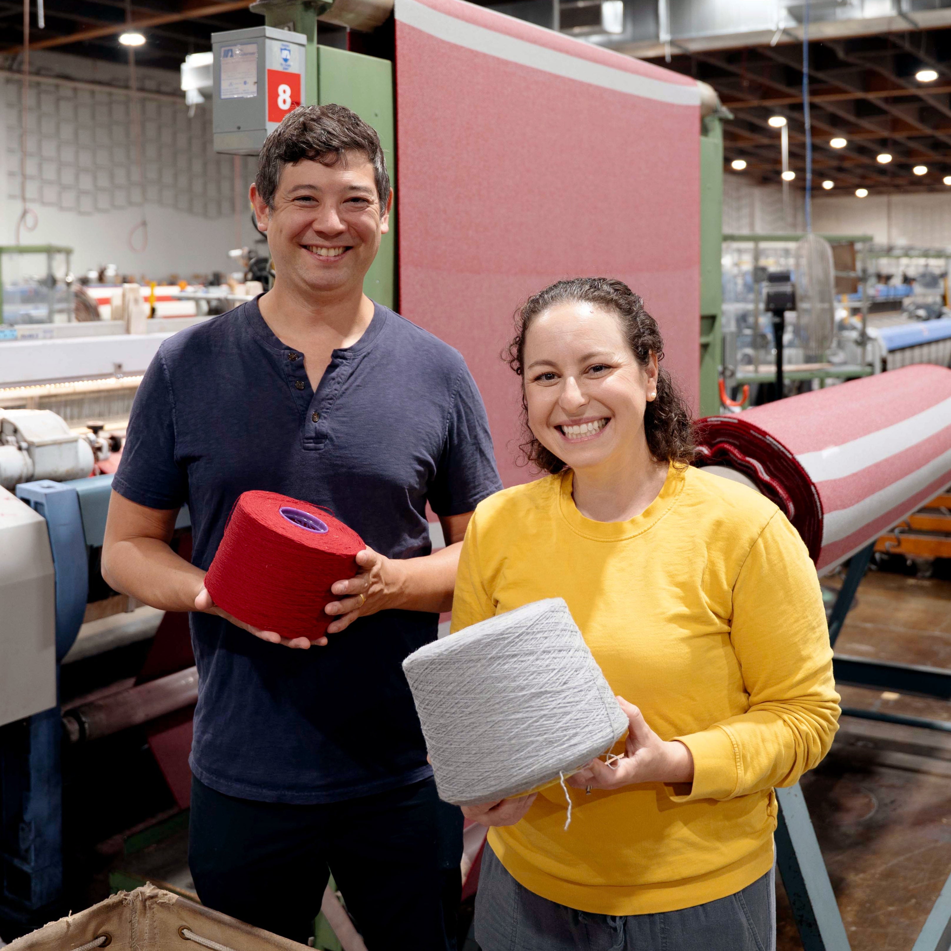A50 co-founders Jimmy and Steph visiting our Washington State manufacturer, who makes our Northwest Wool Throw.