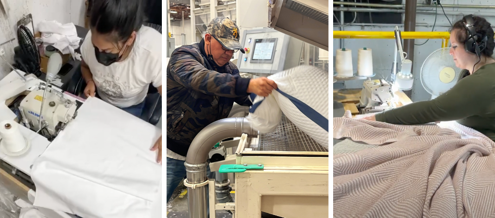 Three workers operating textile machinery in a factory setting.