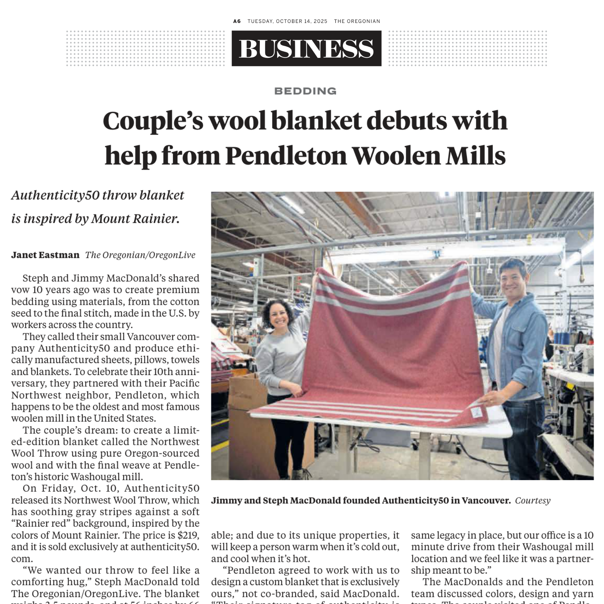 Snapshot of the Oregonian printed article about Authenticity50's Northwest Wool Throw.