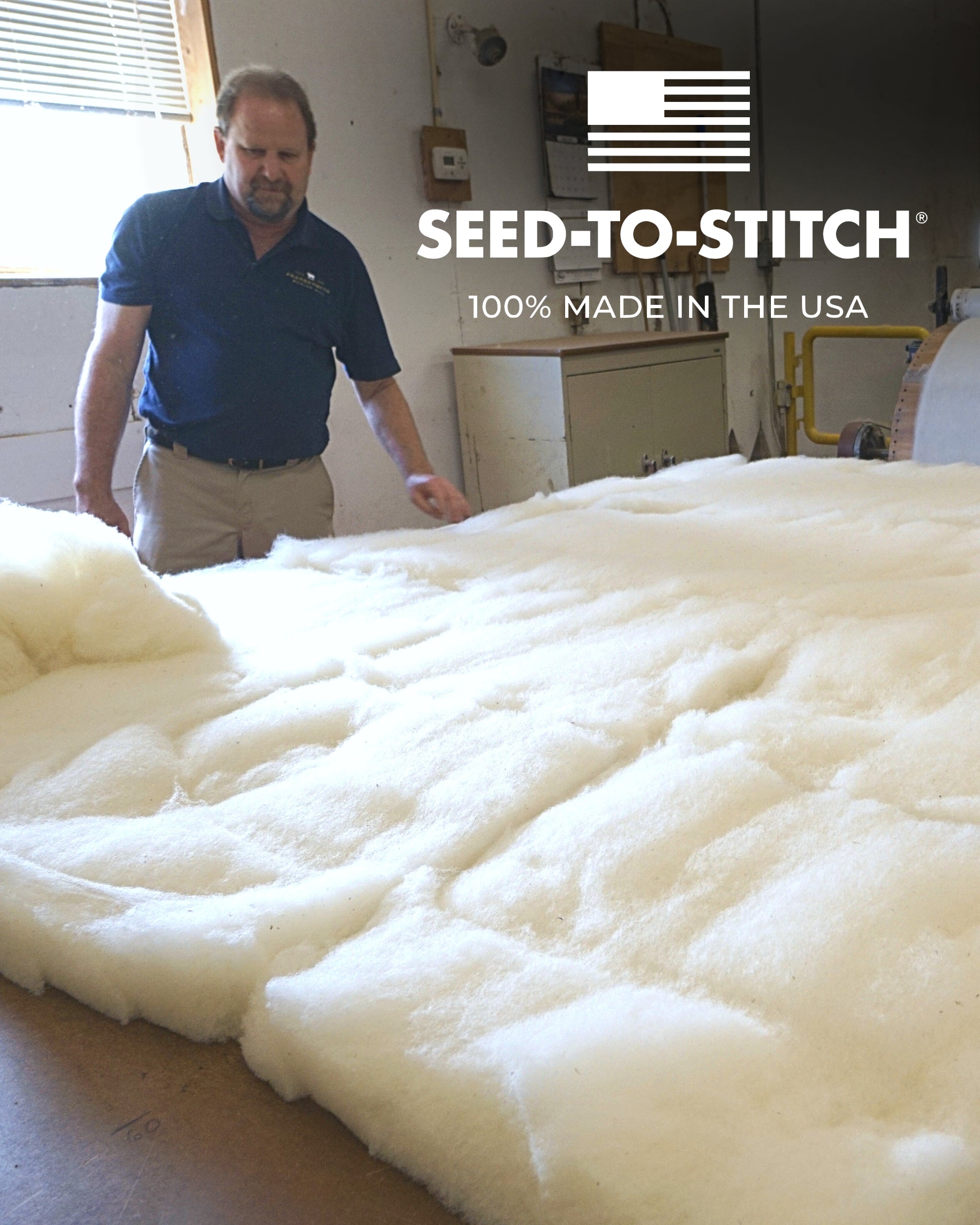 man in Michigan wool mill arranging wool batting for our made in usa comforter duvet insert